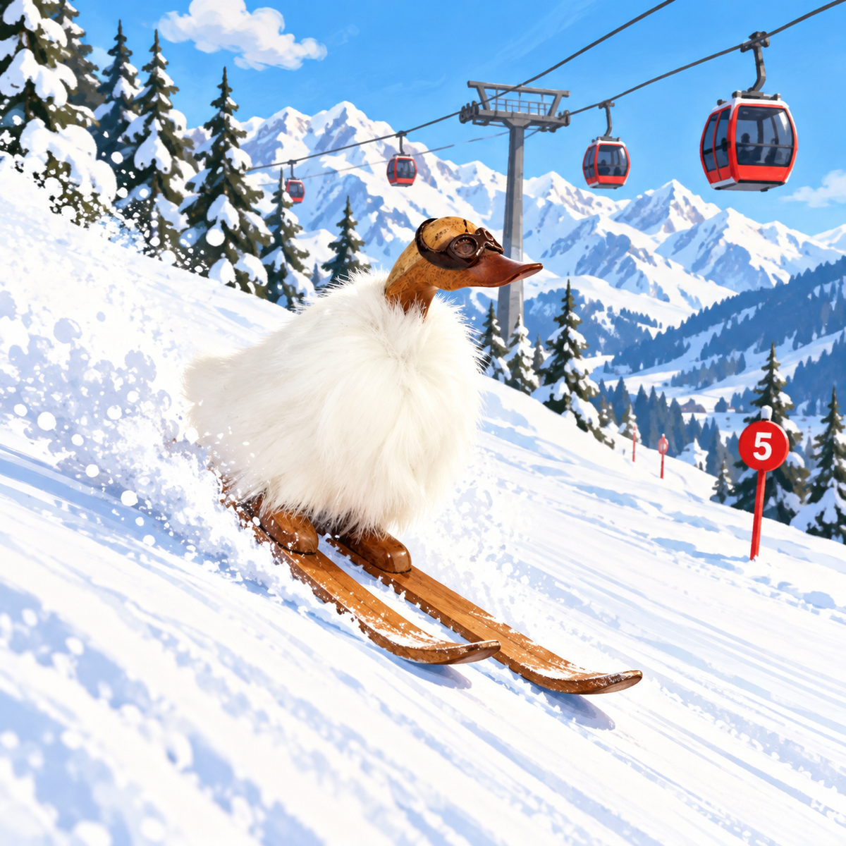 Canard en bois - skis avec manteau de fourrure