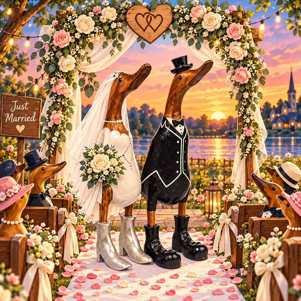 Ensemble de canards en bois - couple de mariés