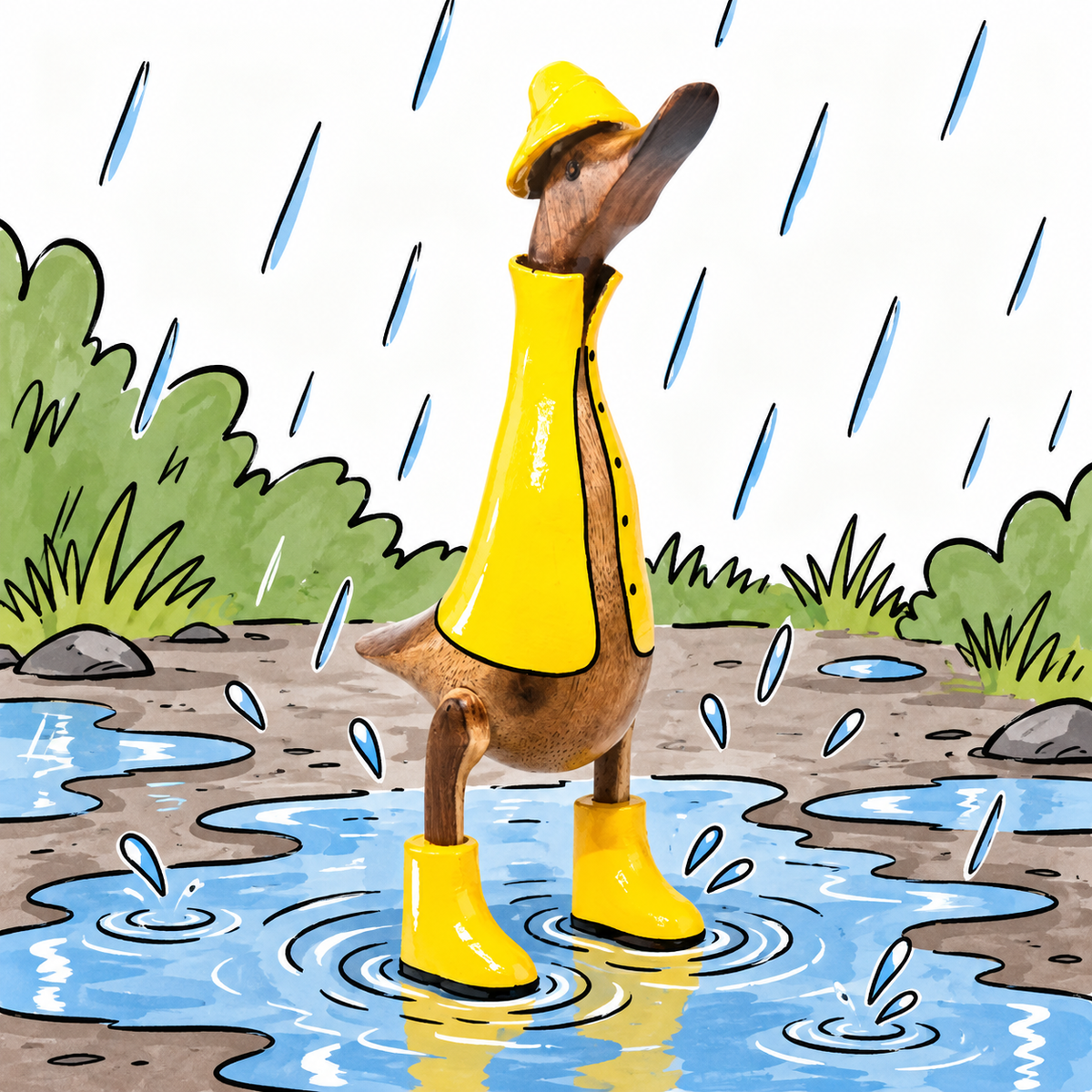 Pato de madera - impermeable con botas de agua