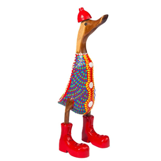 Houten eend - kleurrijke stippen rood/blauw