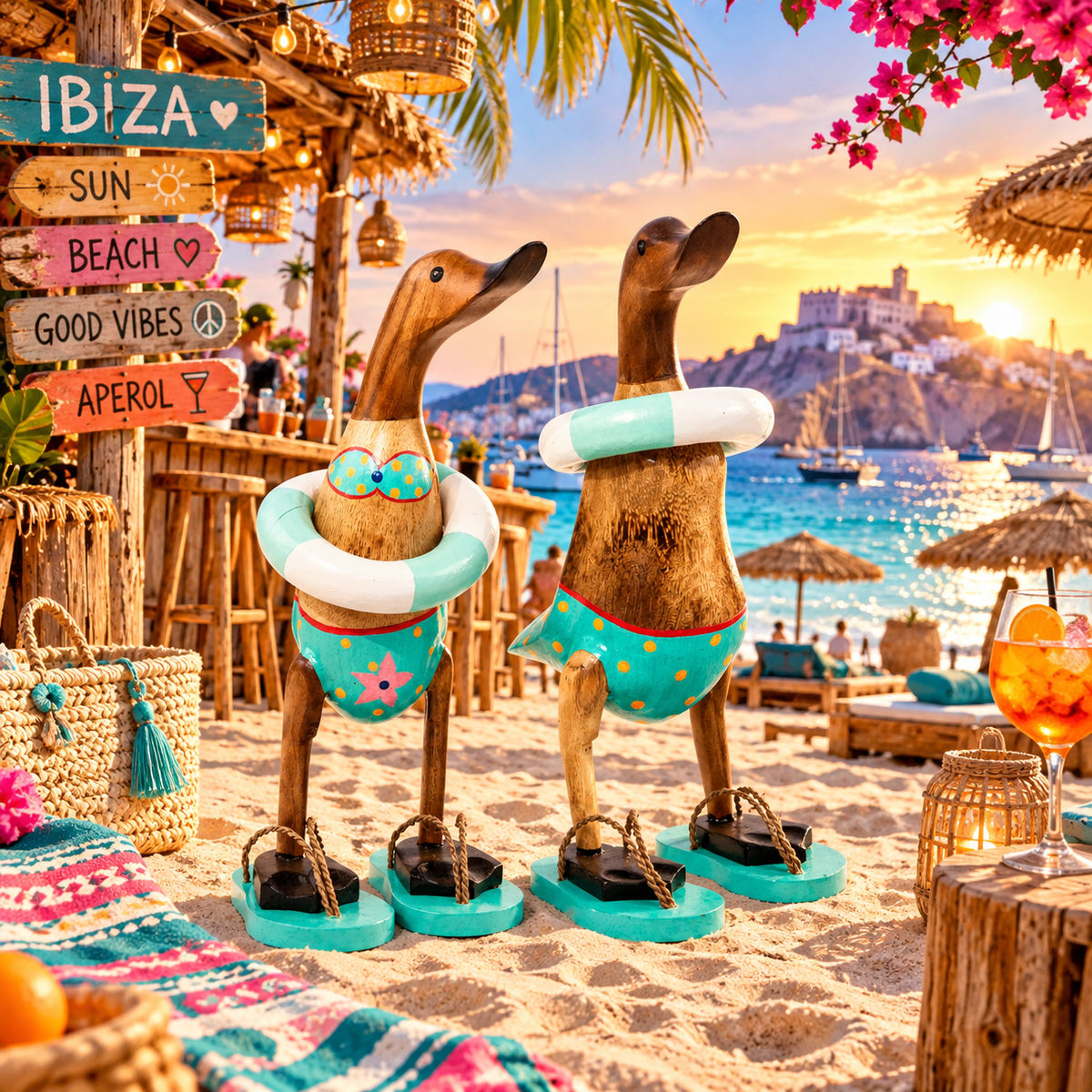Set de patos de madera - ropa de playa con chanclas